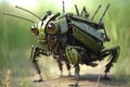 Close up of a robot grass hopper in the outdoor. Generative AI Royalty Free Stock Photo