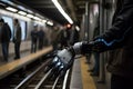 Close-up of a robot hand in the subway on the background of a tunnel with a train, generative AI.