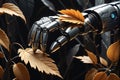 Close-Up of a Robot Hand Tenderly Cradling a Withered Leaf, Texture Contrasts Between Metallic Surface and Delicate Foliage