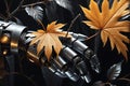 Close-Up of a Robot Hand Tenderly Cradling a Withered Leaf, Texture Contrasts Between Metallic Surface and Delicate Foliage