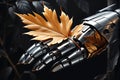 Close-Up of a Robot Hand Tenderly Cradling a Withered Leaf, Texture Contrasts Between Metallic Surface and Delicate Foliage