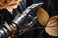 Close-Up of a Robot Hand Tenderly Cradling a Withered Leaf, Texture Contrasts Between Metallic Surface and Delicate Foliage