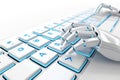 Close up, robot hands using keyboard, isolated on white background with copy space. Artificial Intelligence concept, chat, and Royalty Free Stock Photo