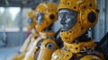 Close-up of robot heads in the factory. Yellow crash test dummies