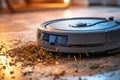 close-up of robot vacuum on carpet with dust particles