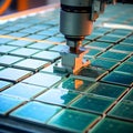 Close-up of a robotic arm in the factory delicately placing silicon wafers onto a production line. high-tech nature of solar cell