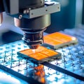 Close-up of a robotic arm in the factory delicately placing silicon wafers onto a production line. high-tech nature of solar cell