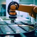 Close-up of a robotic arm in the factory delicately placing silicon wafers onto a production line. high-tech nature of solar cell