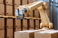 close-up of robotic arm, handling and palletizing boxes