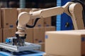 close-up of robotic arm, handling and palletizing boxes Royalty Free Stock Photo