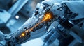 Close-up of a robotic arm with intricate mechanics and glowing circuits in a lab Royalty Free Stock Photo