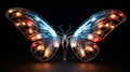 Close up of a robotic cyber punk led lit butterfly in dazzling colors