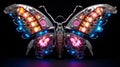 Close up of a robotic cyber punk led lit butterfly in dazzling colors