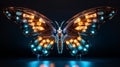 Close up of a robotic cyber punk led lit butterfly in dazzling colors