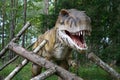 Close-up of a robotic dinosaur of the tyrannosaurus species in an amusement park opening its eyes and mouth and looking