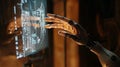 Close-up of Robotic Hand Engaging with Digital Interface Display