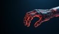 Close up of a robotic hand. Glowing red and dark background. Wallpaper as concept for robotics, technology