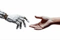 close-up of a robotic hand and a human hand, about to shake hands with a white background representing the evolution of technology