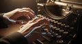 Close-up of robotic hands typing on a vintage typewriter Royalty Free Stock Photo