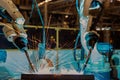 Close-up robots are welding part in a car factory Royalty Free Stock Photo