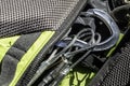 Close up of rock climbing gear inside a backpack