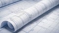 Close up of a rolled blueprint and flat blueprint showing architectural and engineering design details