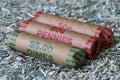 Close up of rolls of pennies and dimes bedded on shreds of unfit US currency.