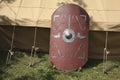 A close-up of a Roman shield used at a historic role playing event