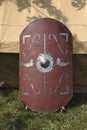 A close-up of a Roman shield used at a historic role playing event