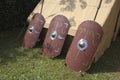 A close-up of Roman shields used at a historic role playing event