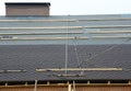 A close-up on a roof under construction with asphalt shingles installation on felt paper or underlayment with safety roof harness