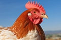 a close up of a rooster with a blue sky in the background