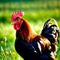 Close-up of a rooster in a field. Generative AI