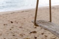 Close-up of Rope wooden swing hanging on tree at topical beach with sunlight