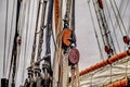 Close up of the ropes, lines, masts and sails of a tall ship Royalty Free Stock Photo