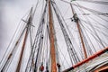 Close up of the ropes, lines, masts and sails of a tall ship Royalty Free Stock Photo
