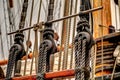 Close up of the ropes, lines, masts and sails of a tall ship Royalty Free Stock Photo