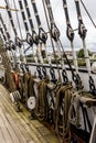 Close-up of ropes and rigging on old vintage tall ship Royalty Free Stock Photo