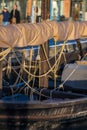 close-up of ropes and wooden structure on vintage boat.. Royalty Free Stock Photo