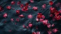 Close-up of rose blossoms falling on water surface, top down view Royalty Free Stock Photo