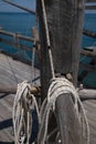 Rotating vertical wooden axis, beams and ropes of a traditional fishing trabucco Royalty Free Stock Photo