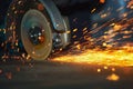 Close-up of the rotation of the disk angle grinder during operation. Bright sparks from metal cutting