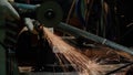 Close-up of the rotation of the disk angle grinder during operation. Bright sparks from metal cutting.