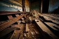 close-up of rotten floorboards in abandoned building