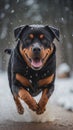 Close up of Rottweiler running joyfully through falling snow in a winter landscape. Royalty Free Stock Photo