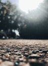 Close-up of rough asphalt road surface with blurred trees and sky in background Royalty Free Stock Photo