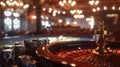 Close-up of a roulette wheel with casino chips, blurred lights in the background. glamorous gambling setting. excitement