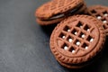 Close-up round chocolate chip cookies with white filling.