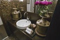 Close-up of a round countertop washbasin