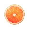 Close up round cut slice of pink grapefruit on white